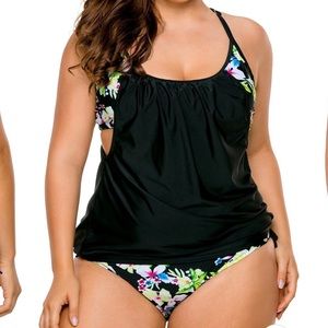 Layered-Style Cross Back Tankini with Triangular Bottoms - XL